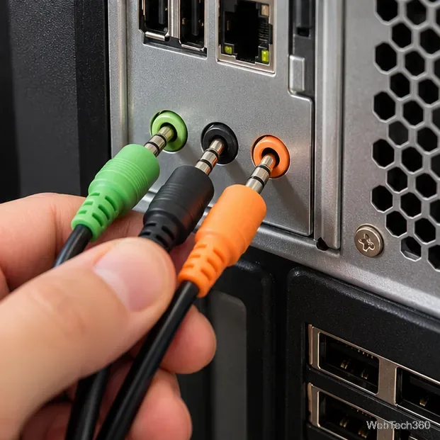 Fiches jack 3,5 mm vertes, noires et orange alignées avec leurs prises de sortie audio PC correspondantes.