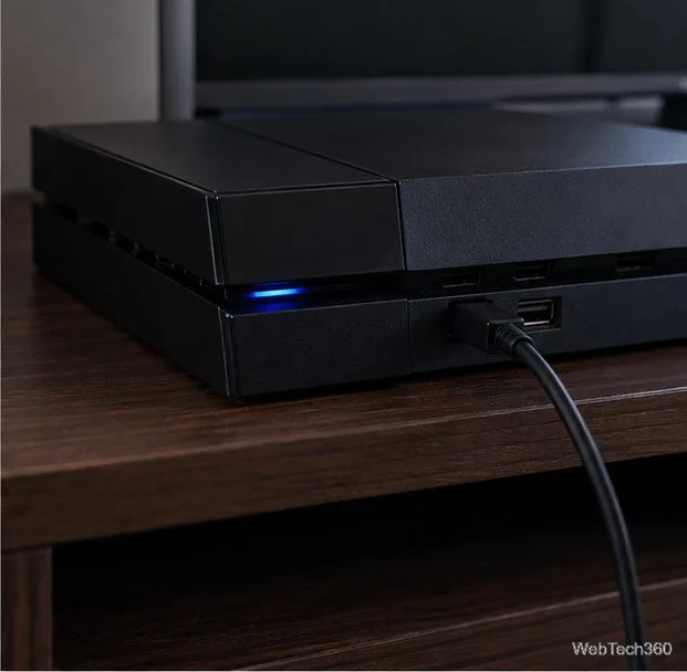 A micro-USB cable connected to a USB port on the front of a powered-on PS4 console