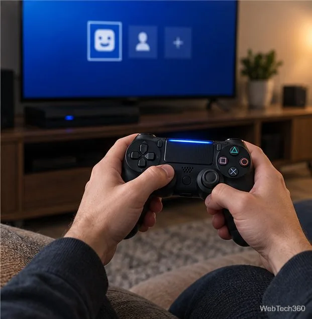 A player holding a DUALSHOCK 4 wirelessly with a PS4 displayed on the television