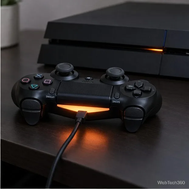A DUALSHOCK 4 connected by USB with its light bar glowing orange while the PS4 rests nearby