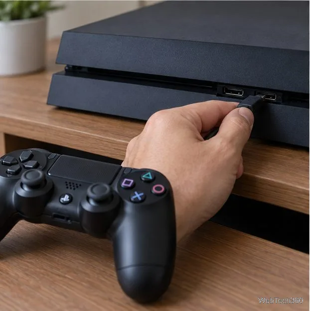 A hand checking the USB connection at the front of a PS4 console while another controller rests nearby