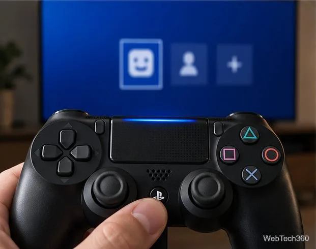A thumb pressing the PS button on a DUALSHOCK 4 while the PS4 user-selection screen is visible