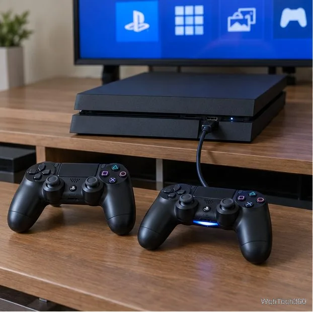 Two DUALSHOCK 4 controllers beside a PS4 console, with one controller connected by USB