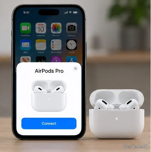 iPhone画面に、開いた充電ケースの横にAirPods Proのセットアップカードと接続ボタンが表示されている。