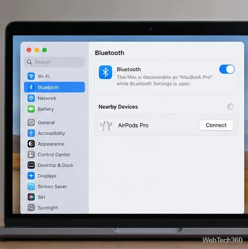 Macのシステム設定では、Bluetoothの近くのデバイス一覧にAirPods Proが表示され、「接続」ボタンが表示されます。