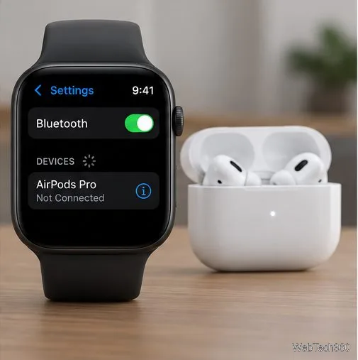 Apple WatchのBluetooth設定画面では、AirPods Proが開いた充電ケースの横に表示されます。
