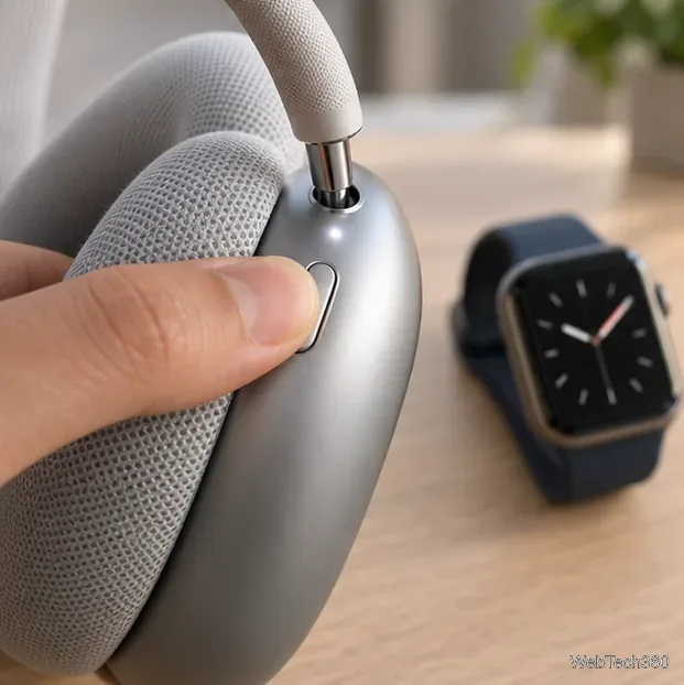 Um dedo pressiona o botão do modo de audição nos AirPods Max ao lado de um Apple Watch.