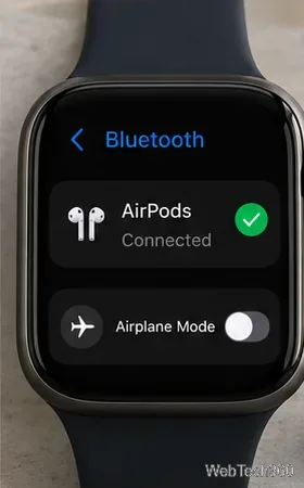 Tela do Apple Watch com Bluetooth mostrando os AirPods conectados e o Modo Avião desativado.
