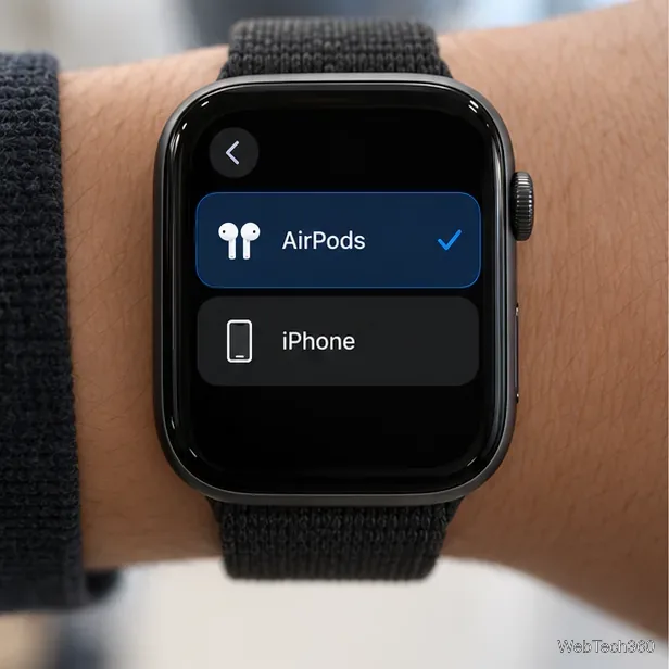 Lista de destinos de áudio do Apple Watch mostrando os AirPods selecionados acima do iPhone.