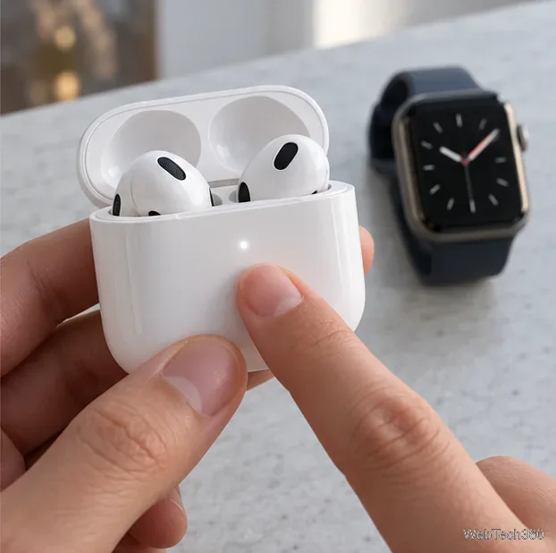 Um dedo toca duas vezes na parte frontal de um estojo de AirPods mais recente enquanto a luz indicadora de status acende em branco.