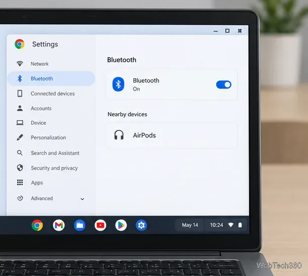 ChromebookのBluetooth設定画面に、近くにAirPodsの項目が表示されている。