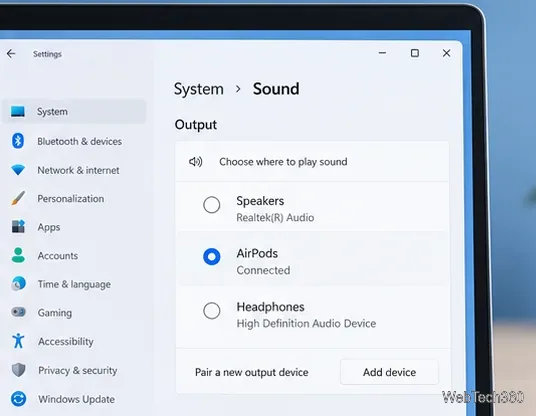 Windowsのサウンド設定で、音声出力にAirPodsが選択されている状態。
