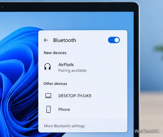 Windows 11のBluetoothデバイス選択画面で、AirPodsが新規デバイスの項目に表示される。