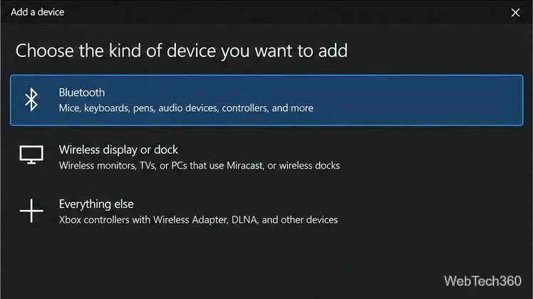 Exemplu de casetă de dialog Adăugare dispozitiv în Windows 10 cu Bluetooth selectat ca tip de dispozitiv
