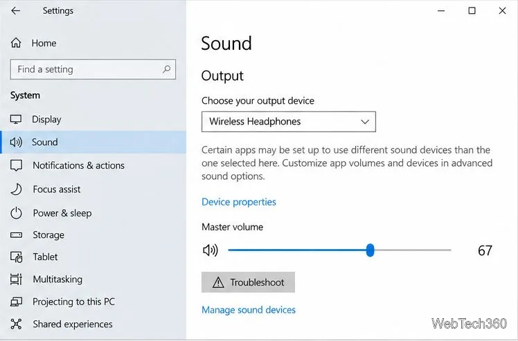 Exemplu de setări de sunet pentru sistemul Windows 10 cu Căști fără fir selectate ca dispozitiv de ieșire