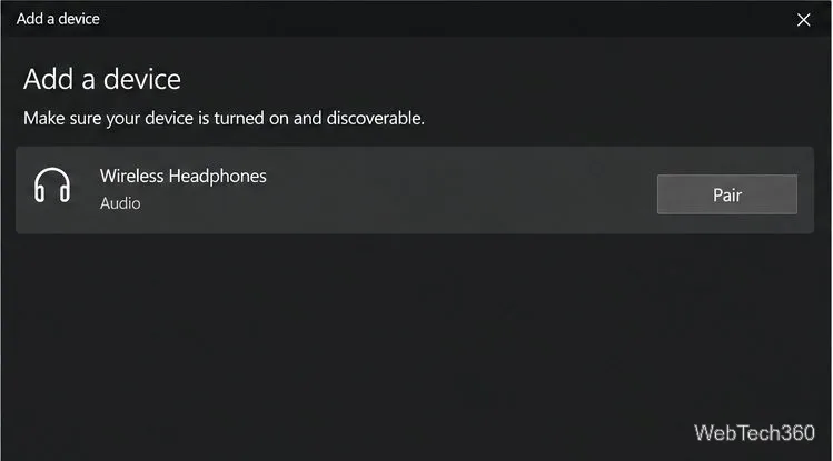 Exemplu de căutare de dispozitive Windows 10 care afișează căști wireless și un buton de asociere