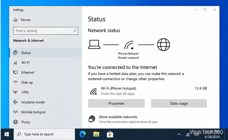 หน้าสถานะเครือข่ายและอินเทอร์เน็ตของ Windows 10 แสดงการเชื่อมต่อฮอตสปอตโทรศัพท์ที่ใช้งานอยู่