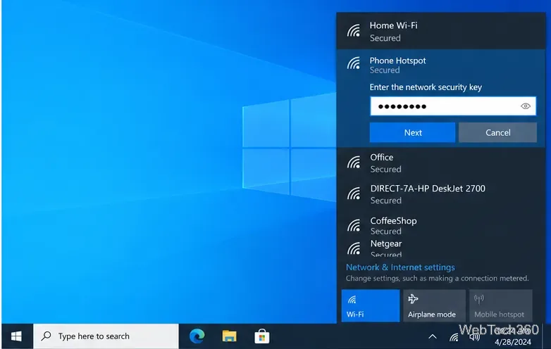 หน้าต่างขอรหัสผ่านฮอตสปอตของ Windows 10 พร้อมรหัสความปลอดภัยเครือข่ายที่ถูกซ่อนไว้ และปุ่มถัดไป