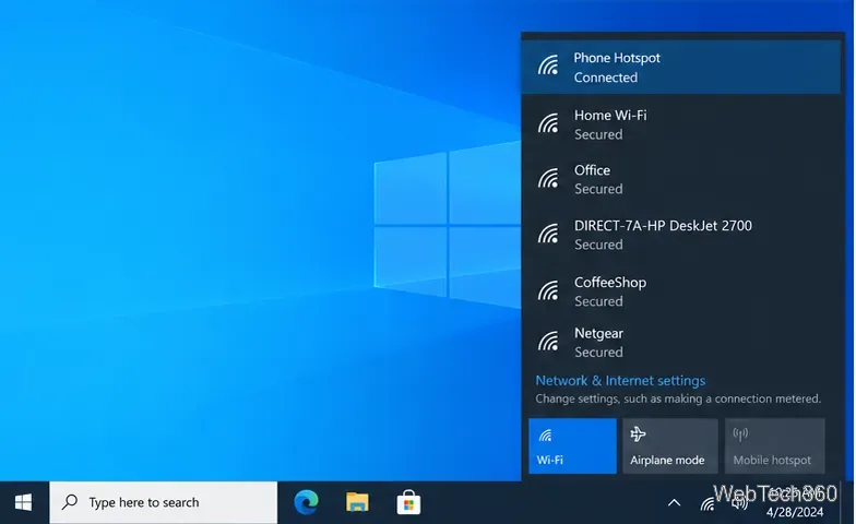 หน้าต่างป๊อปอัพเครือข่ายของ Windows 10 แสดงฮอตสปอตโทรศัพท์ที่มีสถานะเชื่อมต่อแล้ว