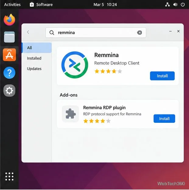 نافذة برنامج لينكس تعرض برنامج Remmina وملحق Remmina RDP منفصل في نتائج البحث