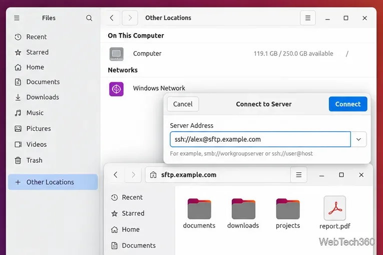 Schermata "Altre posizioni dei file di Ubuntu" con "Connetti al server tramite URL SSH"