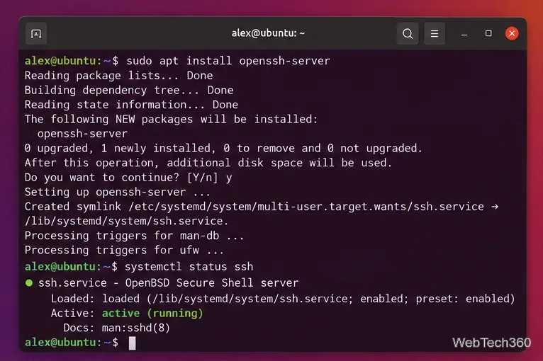 Installazione di openssh-server in Ubuntu Terminal e visualizzazione del servizio SSH come attivo