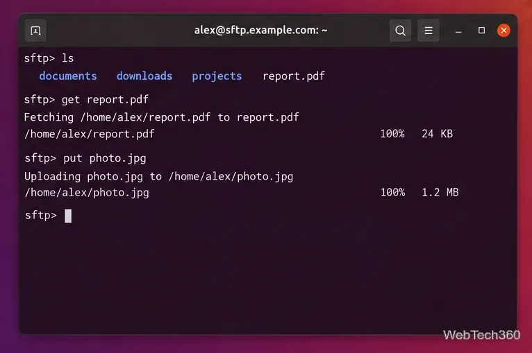 Terminale Ubuntu che mostra i comandi SFTP ls get report.pdf e put photo.jpg