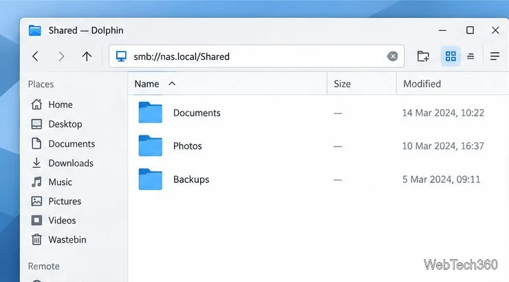 Dolphin browsing Documents, Photos, and Backups inside the smb://nas.local/Shared network share
