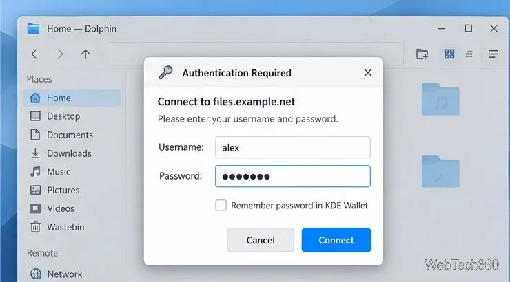 Dolphin authentication dialog requesting a username and password before opening a remote server
