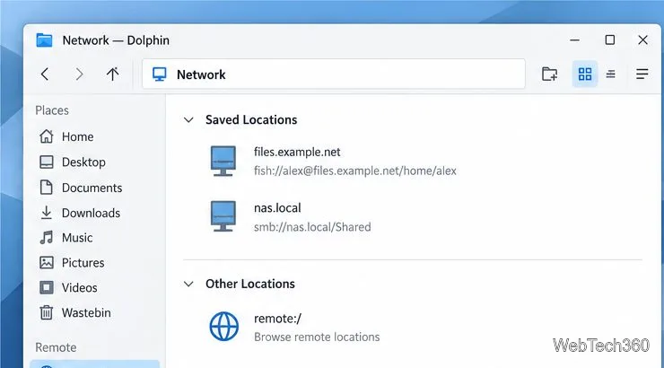 Dolphin Network view listing saved server locations and the remote:/ network-folder entry