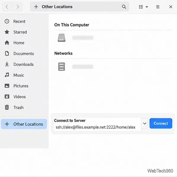 The Connect to Server field filled with ssh://alex@files.example.net:2222/home/alex.