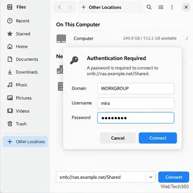 An SMB authentication prompt with Domain, Username, and masked Password fields.