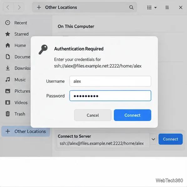 An SSH authentication prompt in GNOME Files with username alex and a masked password field.