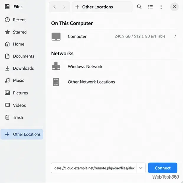 The GNOME Files Connect to Server field filled with a secure davs:// WebDAV address.