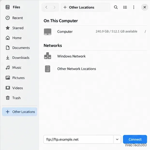 The GNOME Files Connect to Server field filled with ftp://ftp.example.net.