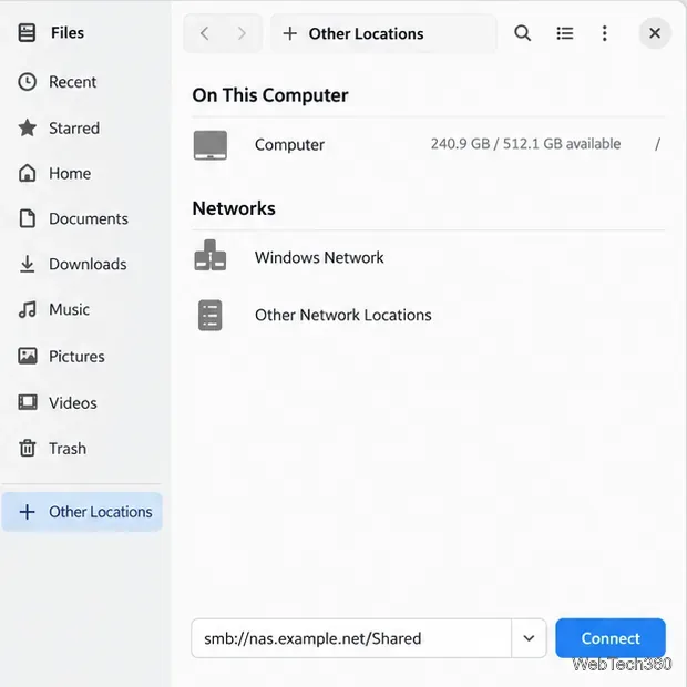The GNOME Files Connect to Server field filled with smb://nas.example.net/Shared.