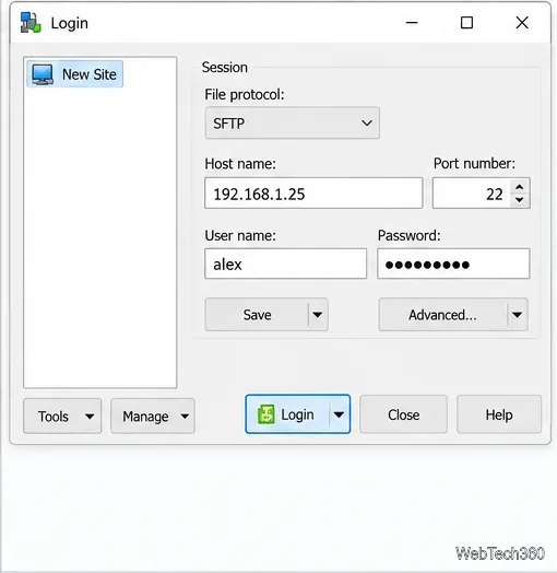 WinSCP SFTP login form filled with Ubuntu address 192.168.1.25, port 22, and user alex.