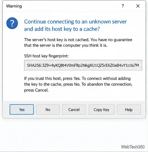 WinSCP first-connection dialog showing the SSH host key fingerprint before accepting it.
