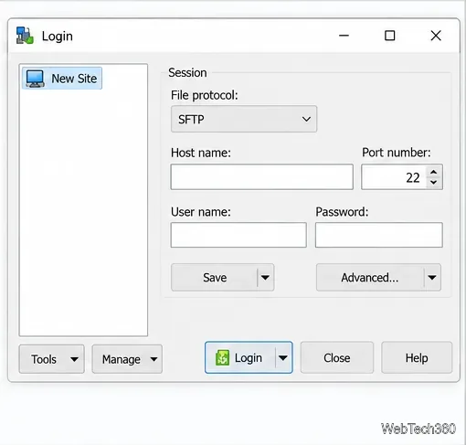 WinSCP login window with SFTP selected and empty host and user fields.