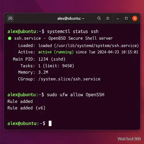 Ubuntu terminal showing the SSH service as active and the UFW command to allow OpenSSH.