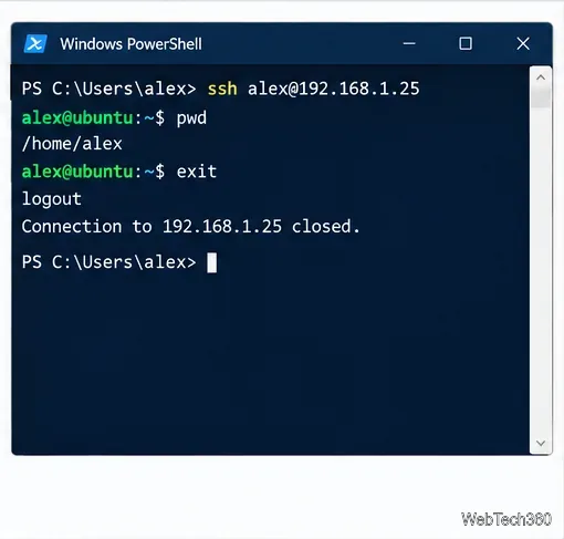 PowerShell showing exit closing the SSH session and returning to the Windows prompt.