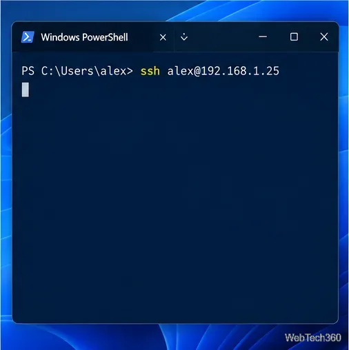 Windows PowerShell with the command ssh alex@192.168.1.25 ready to run.