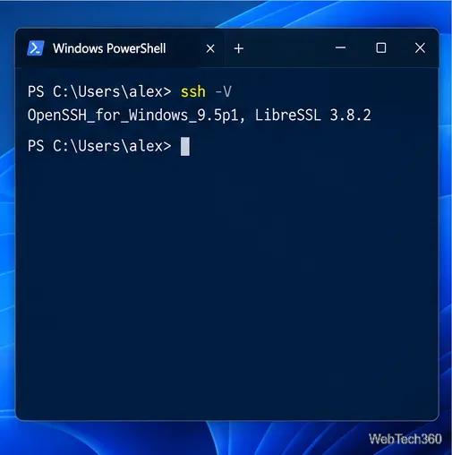 Windows PowerShell displaying the output of ssh -V.