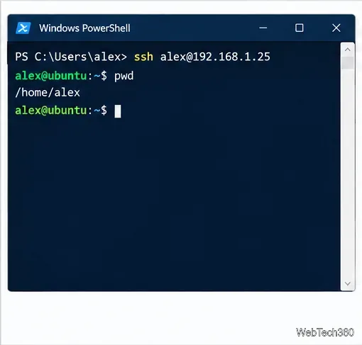PowerShell connected to Ubuntu and showing the remote shell prompt.