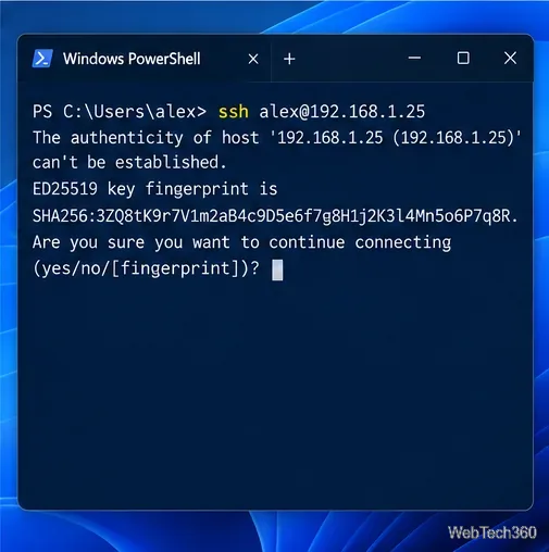 PowerShell displaying the first-connection SSH host key fingerprint prompt.