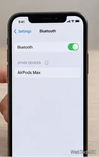 A lista de dispositivos Bluetooth do iPhone exibe os AirPods Max como um dispositivo disponível.