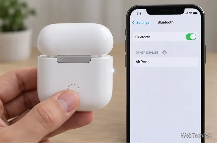 Uma mão segura o botão de configuração abaixo da dobradiça na parte traseira de um estojo de AirPods antigo e aberto.