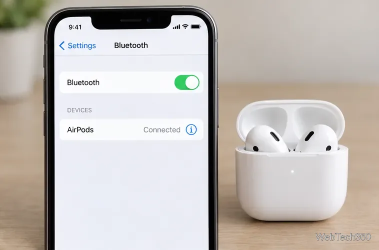 A tela de configurações de Bluetooth do iPhone mostra o Bluetooth ativado e os AirPods listados como conectados.