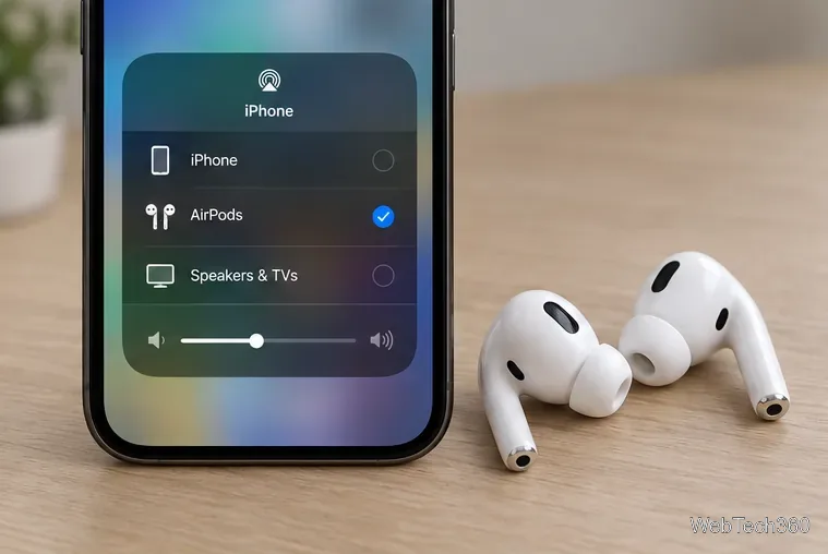 O seletor de destino de reprodução do iPhone mostra os AirPods selecionados como saída de áudio.