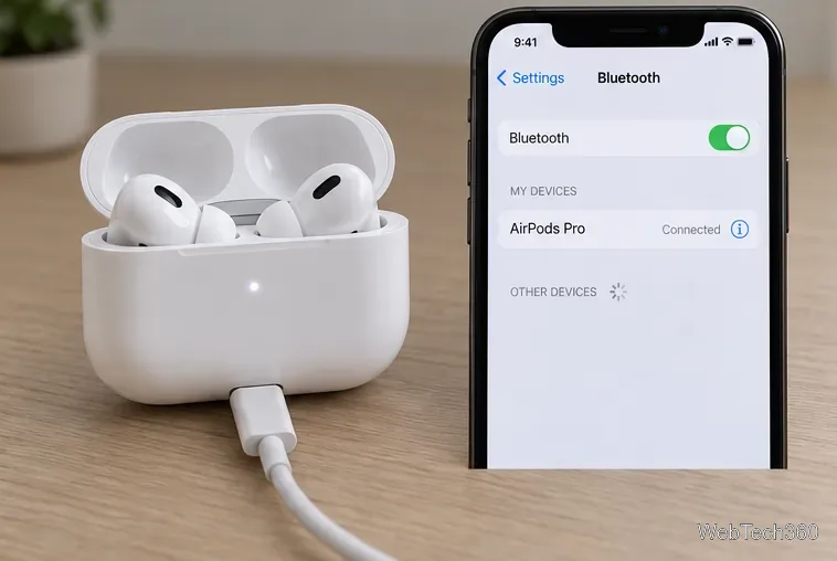 Os dois AirPods ficam dentro do estojo de carregamento, conectado à energia, ao lado da tela de configurações de Bluetooth do iPhone.